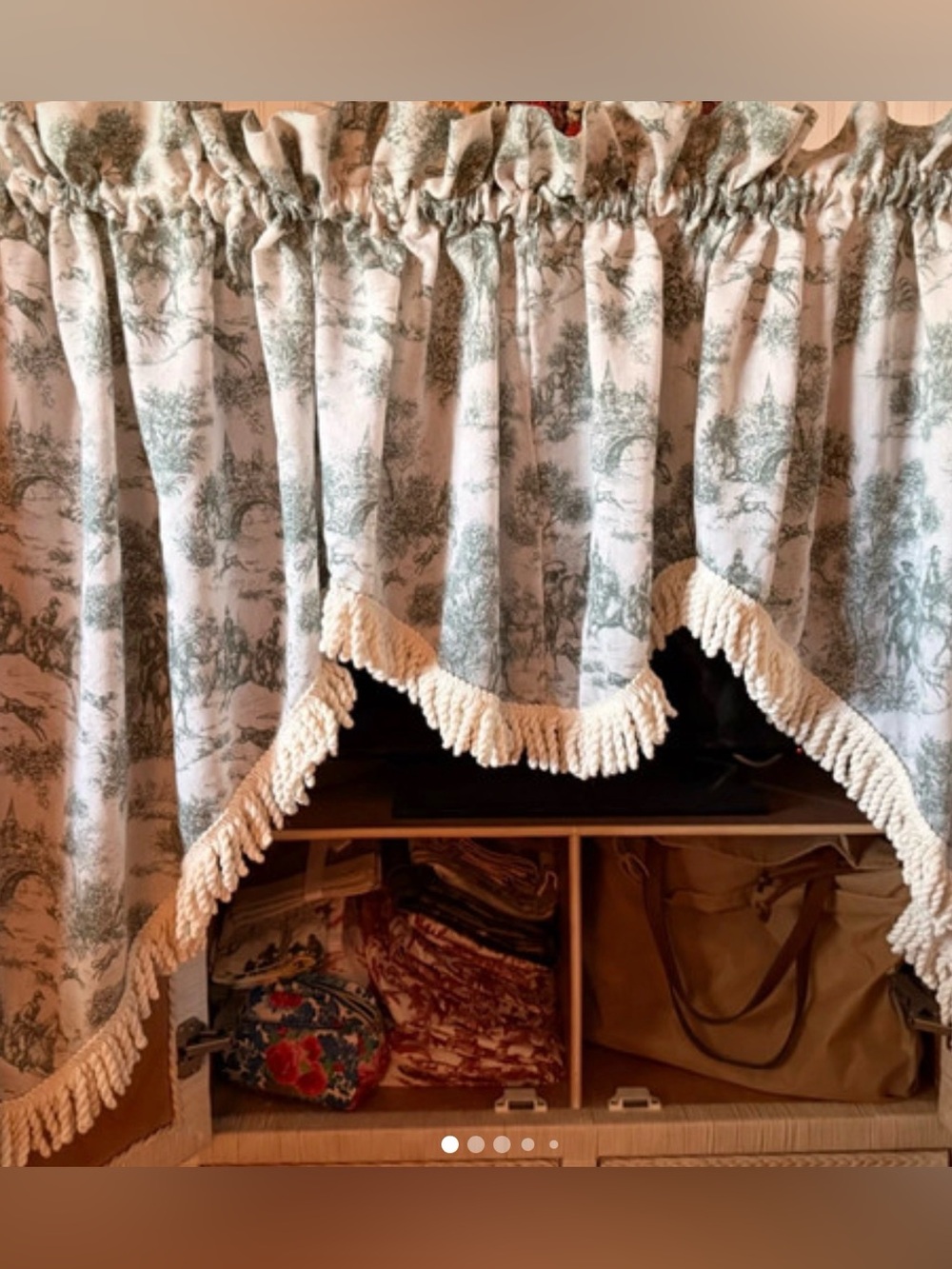 Green & Ivory Toile Equestrian Semi Sheer Swag Fringed Curtains